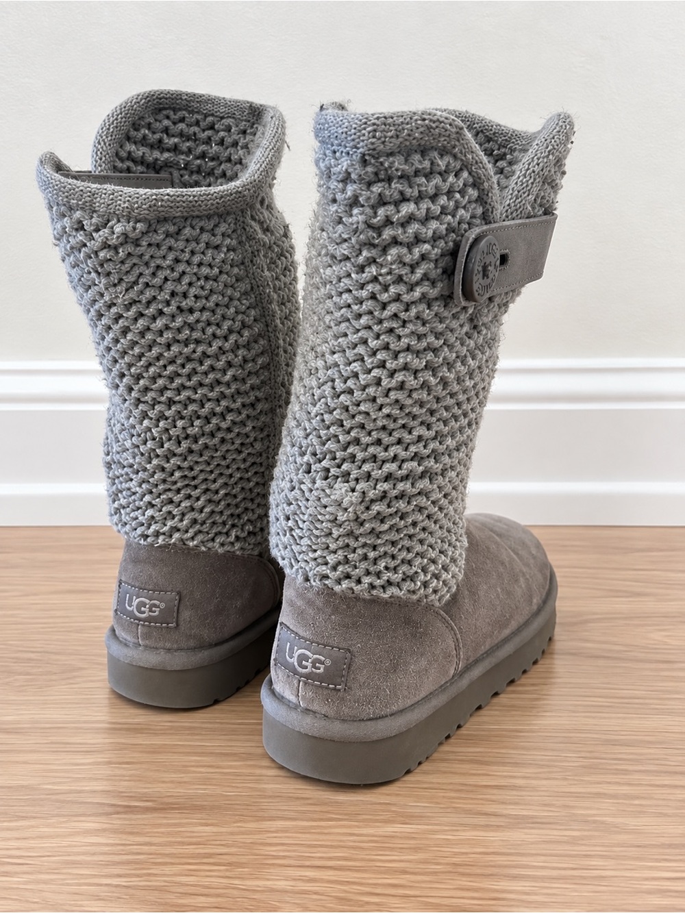 UGG Lattice Cardy Grey Knit Suede Tall Boots Womens Size 6